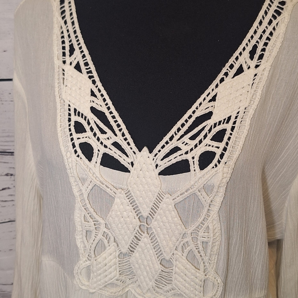 Naïf Boho Crochet V-Neck Dress Slit Sleeve Flowy Cream XL #2015 - Picture 3 of 10